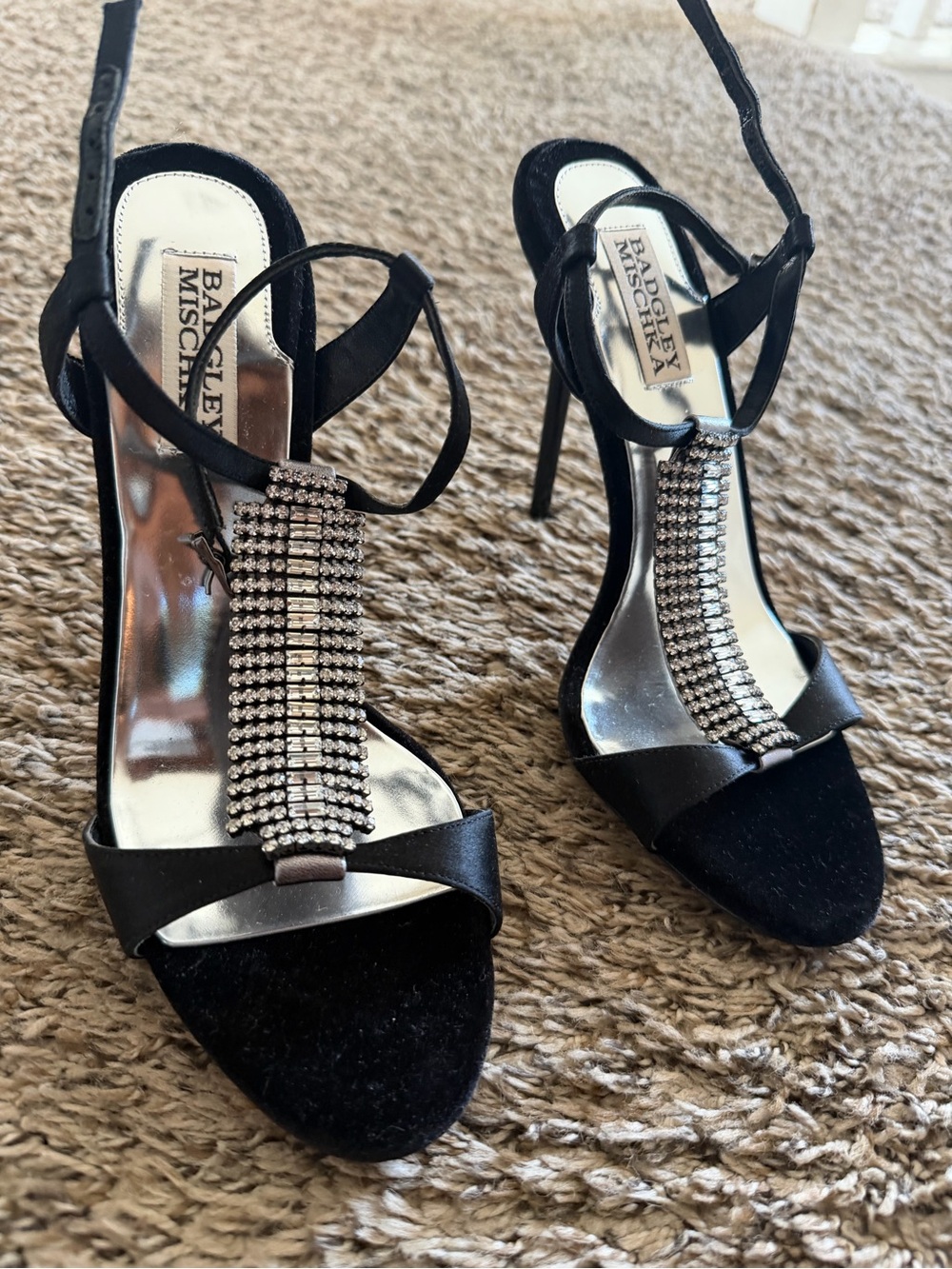 Badgley Mischka Black Crystal-Embellished Strappy Heels